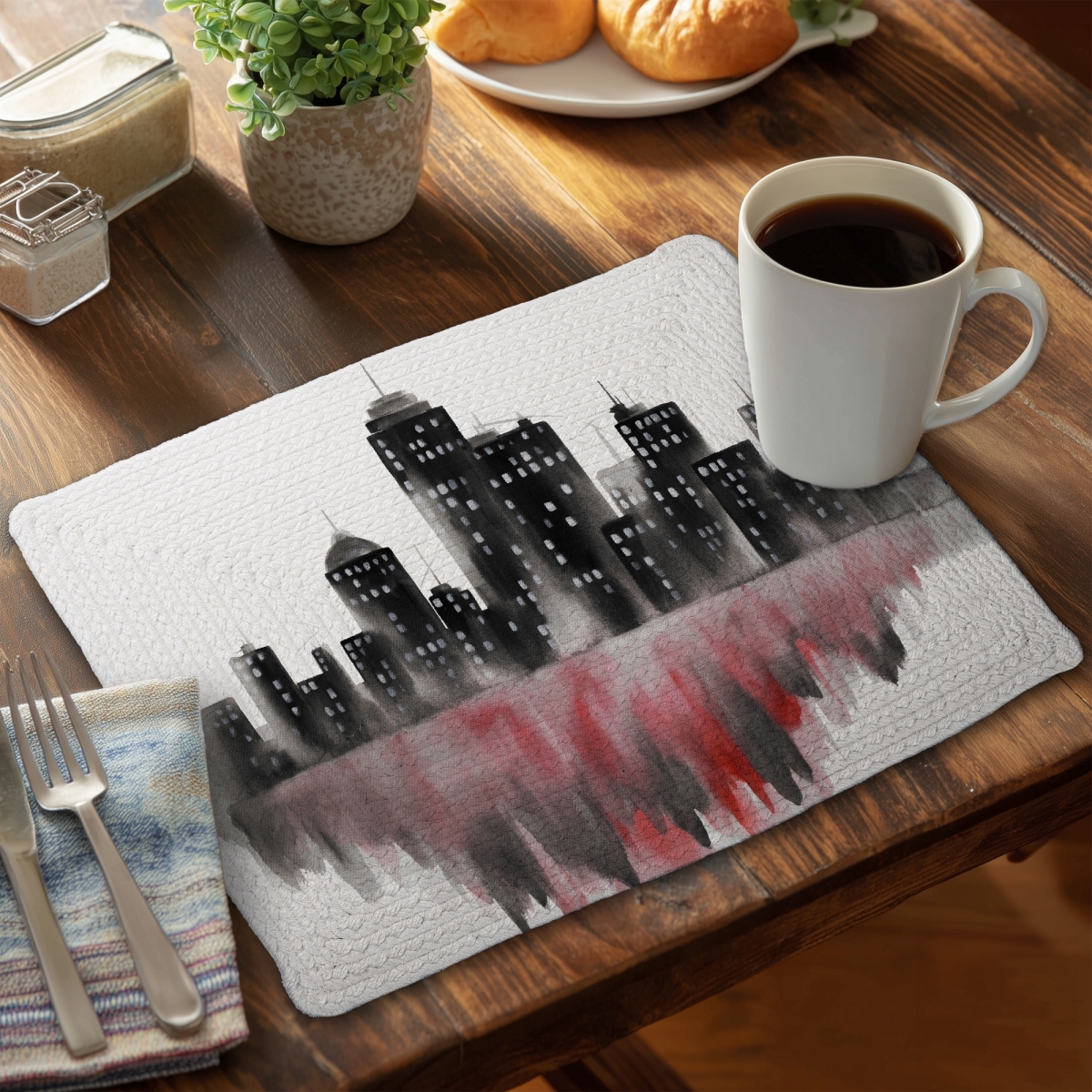Picture of Begin Home Decor C6BP1418BFL1LN 14 x 18 in. Red Watercolor Cityscape Braided Polyester Placemat - Home Decor - Set of 6