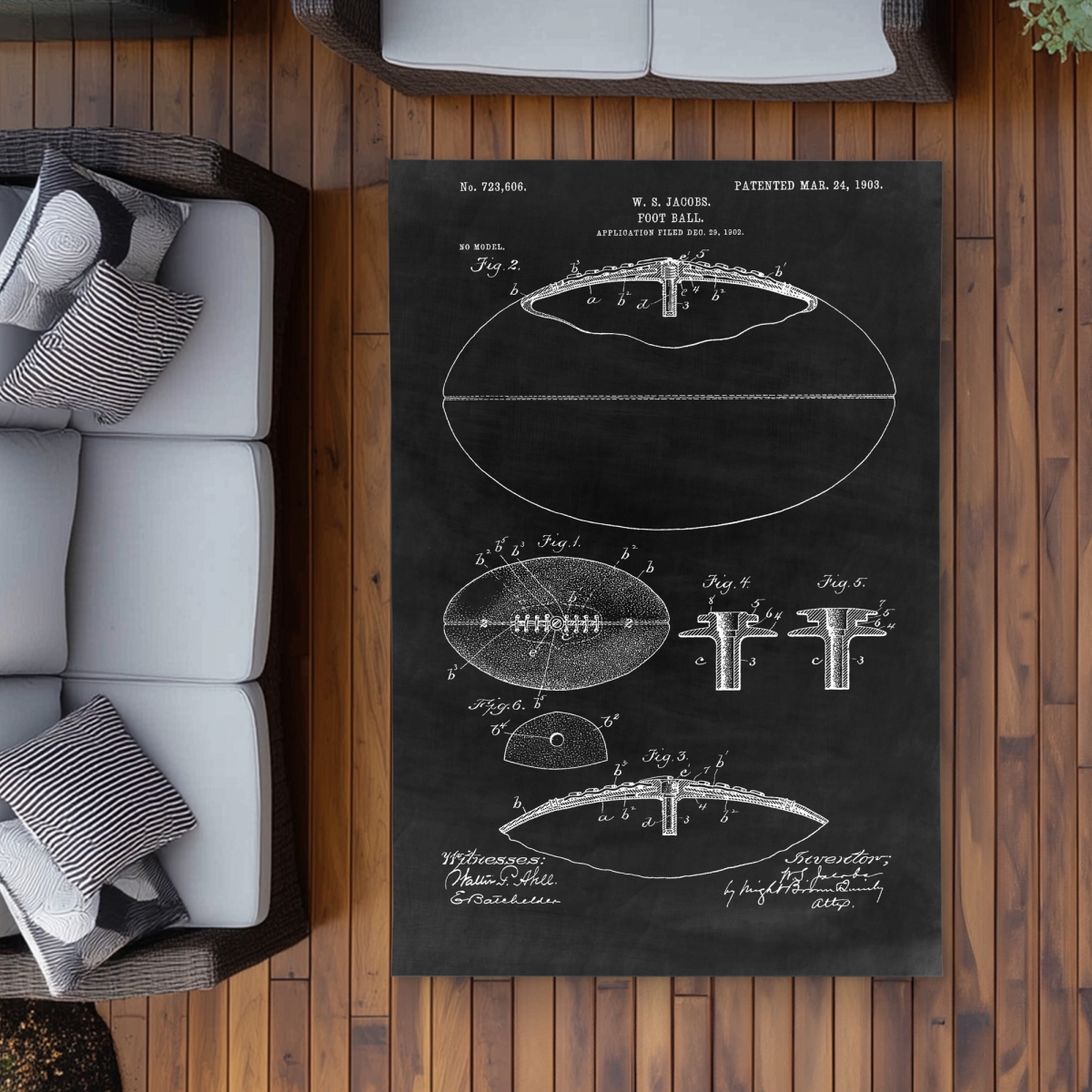 C1ROAR461BWFUL 4 x 6 ft. Black Blueprint Football Rug - Man Cave Black & White Decor - Rectangle