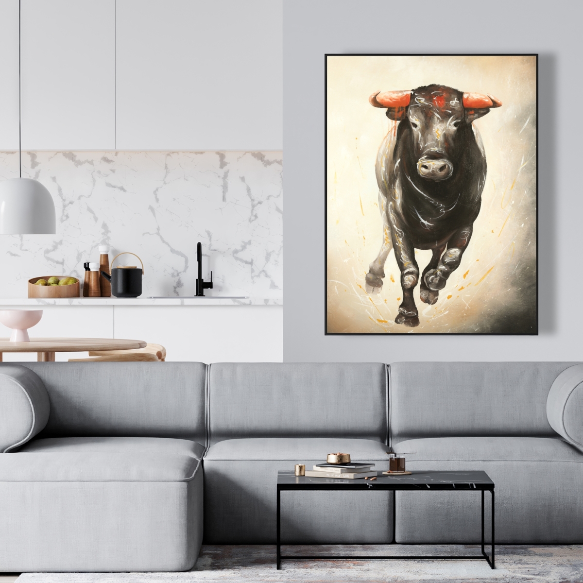 C1FC3648L9ZGQ9 36 x 48 in. Bull Running - Framed Canvas for Man Cave Home Decor