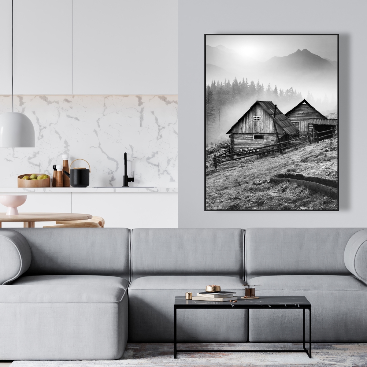 C1FC3648RF577V 36 x 48 in. Mountain Carpathian Village - Trees Office Framed Canvas Decor