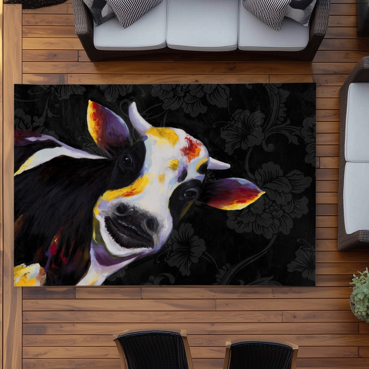 C1ROAR57PLD68A 5 x 7 ft. Funny Cow - White Vintage Outdoor Area Rug for Home Decor - Rectangle