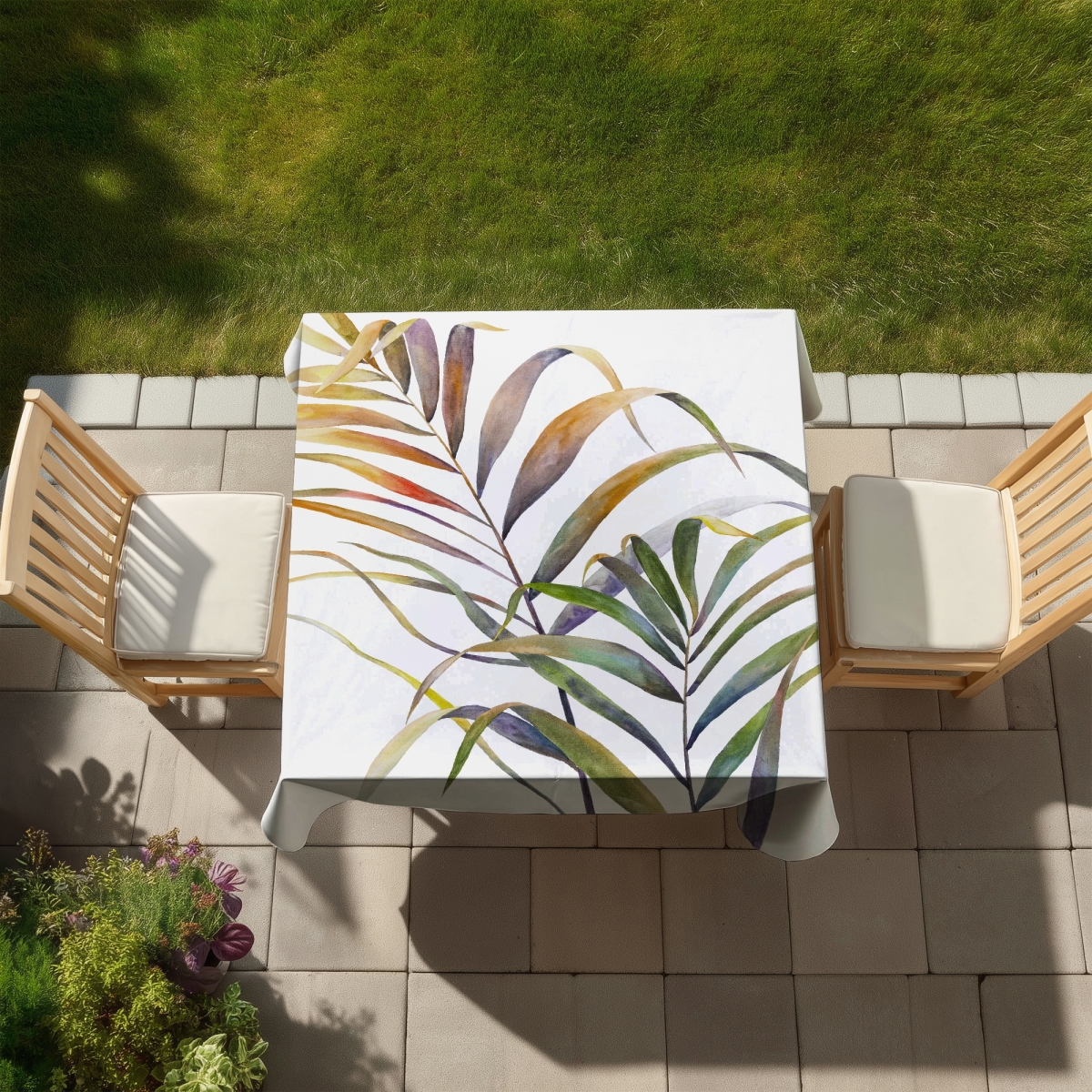 Picture of Begin Home Decor C1TC5858GDR70V 58 x 58 in. Watercolor Tropical Palm Leaves Tablecloth - Exotic Home Decor
