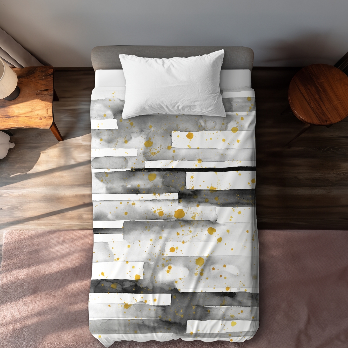 C1DCTXLW0FL1QB Twin Extra Long Black Stripes with Gold Splash Minimalist White Duvet Cover - Home Decor