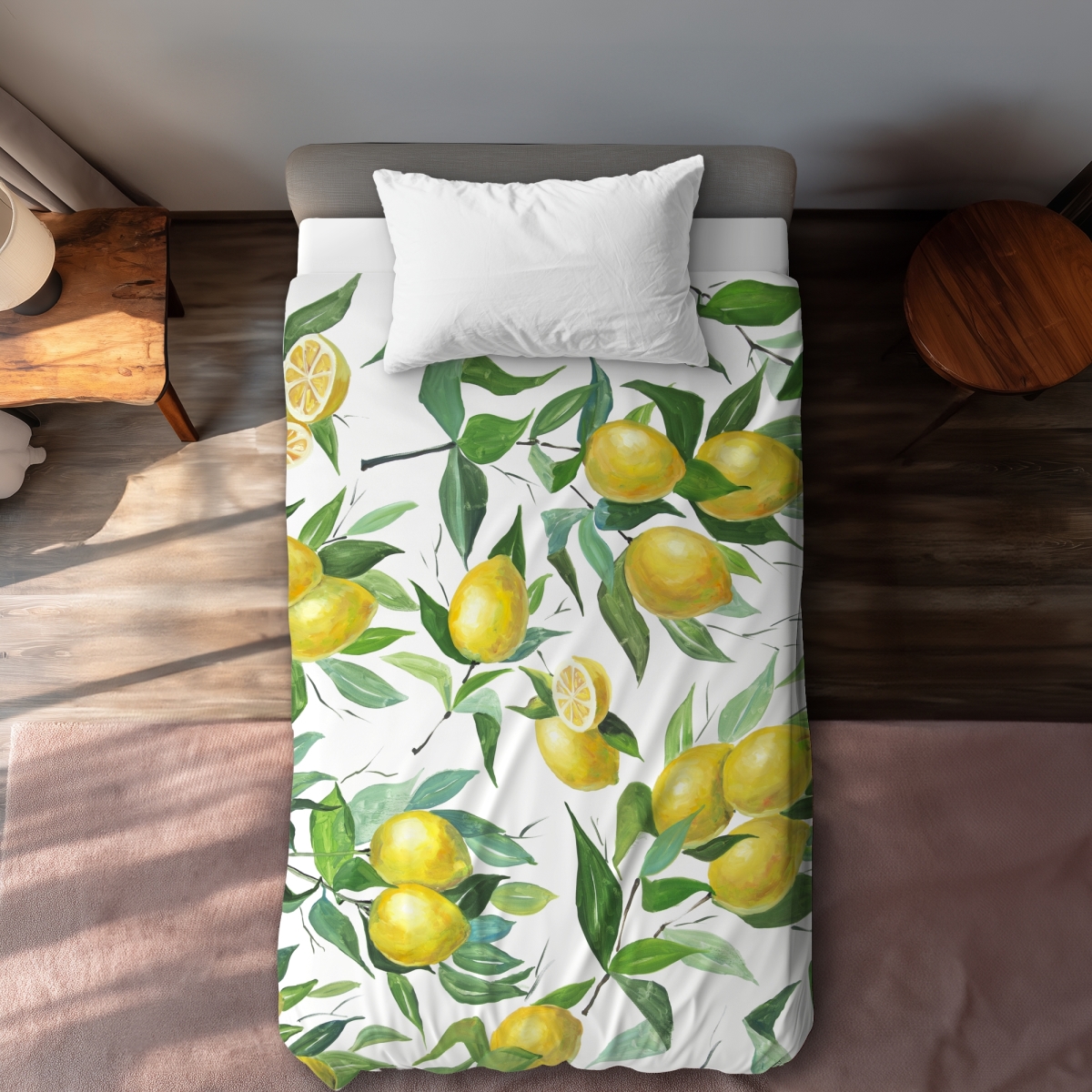 C1DCTXLWF7H5IJ Twin Extra Long Lemon Pattern Green Illustrative Duvet Cover - Home Decor