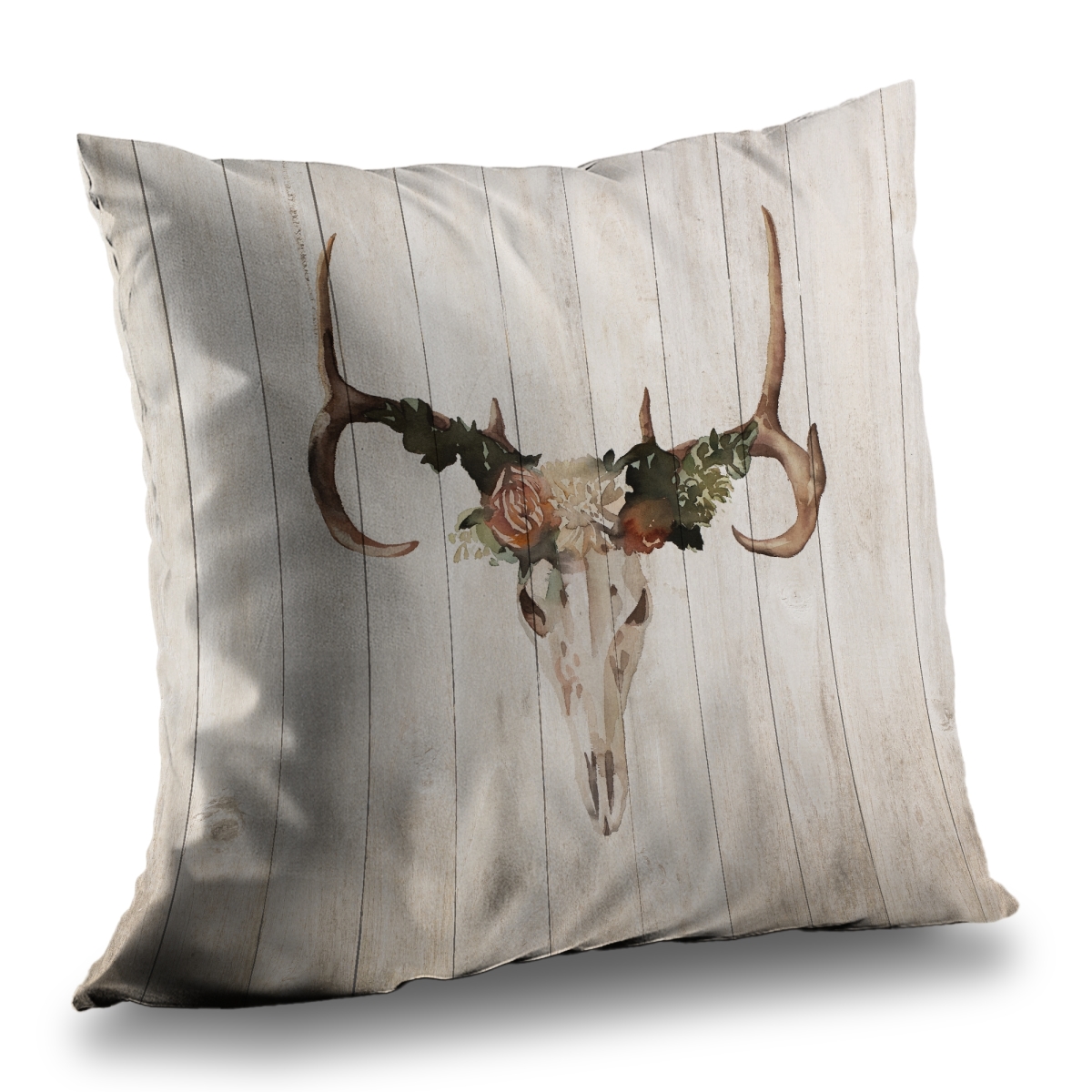 C1PT1414YVB5B3 14 x 14 in. Mule Deer Skull with Roses - Beige Rustic Throw Pillow Insert