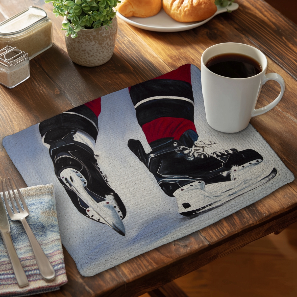 Picture of Begin Home Decor C4BP1418UBD69W 14 x 18 in. Hockey Player Braided Polyester Placemat for Home Decor - Set of 4