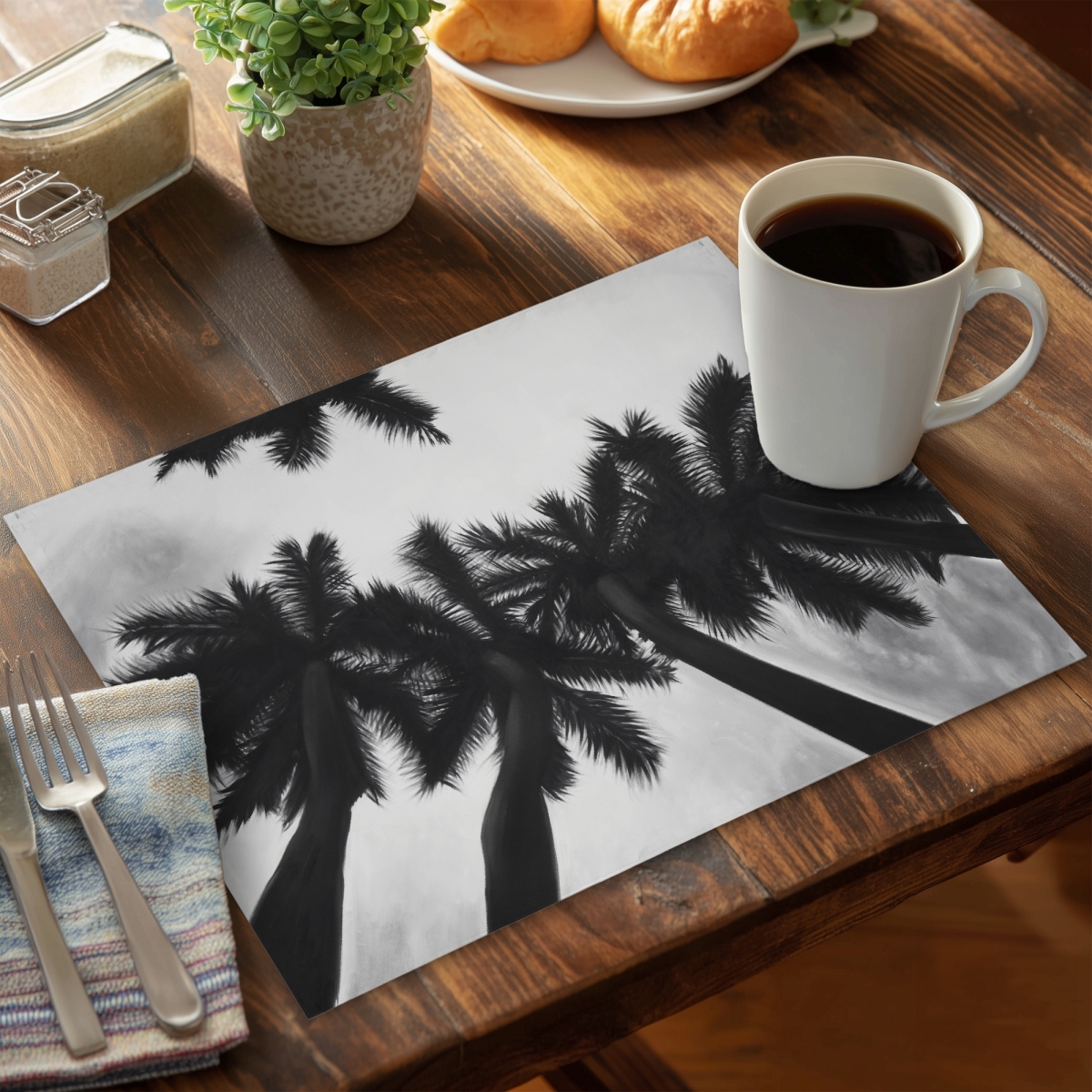 Picture of Begin Home Decor C4PP1418RUNVQ3 14 x 18 in. Monochrome Palm Trees Polyester Placemat for Home Decor - Set of 4