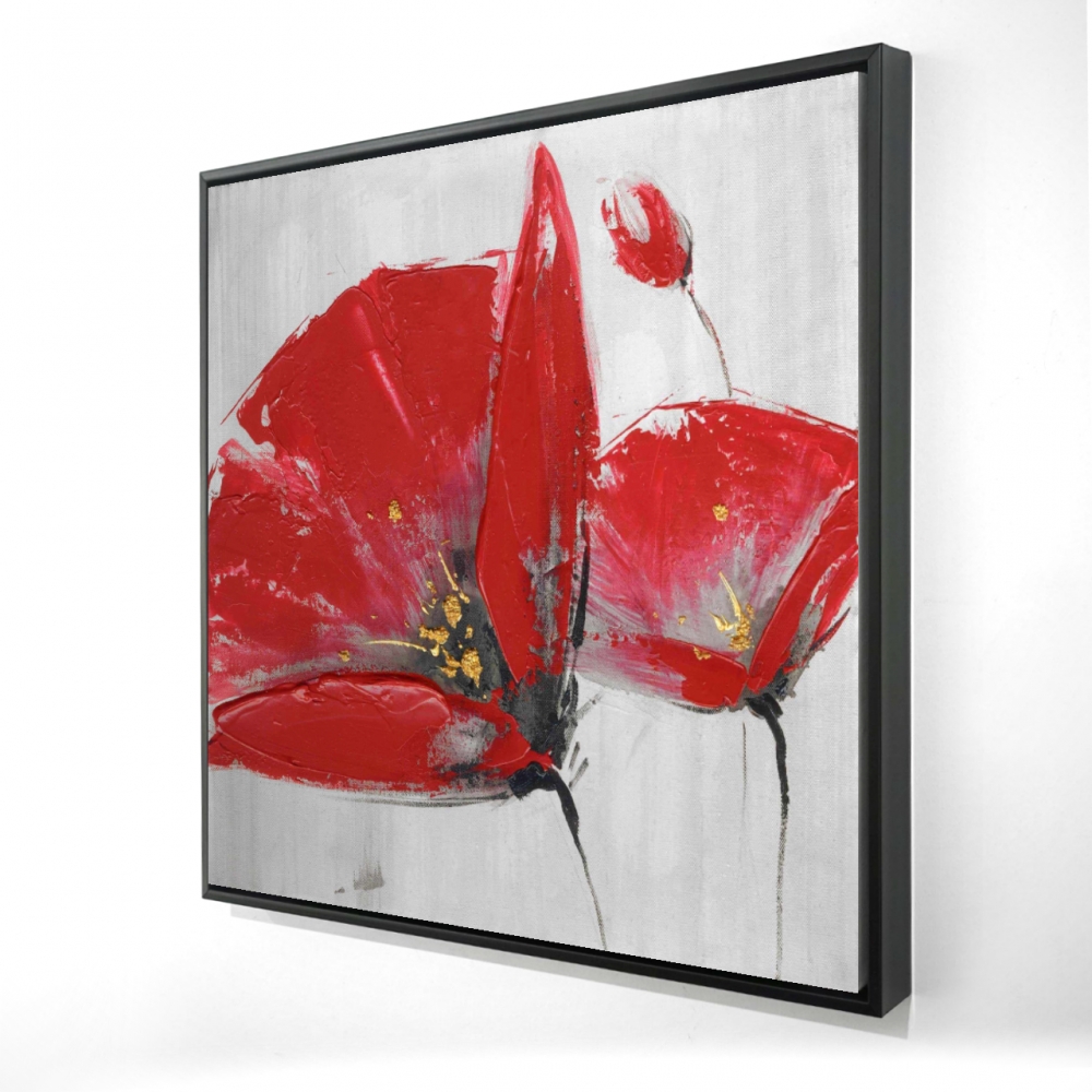 2081-3636-FL159 36 x 36 in. Three Red Flowers on Gray Background - Romantic Canvas Art