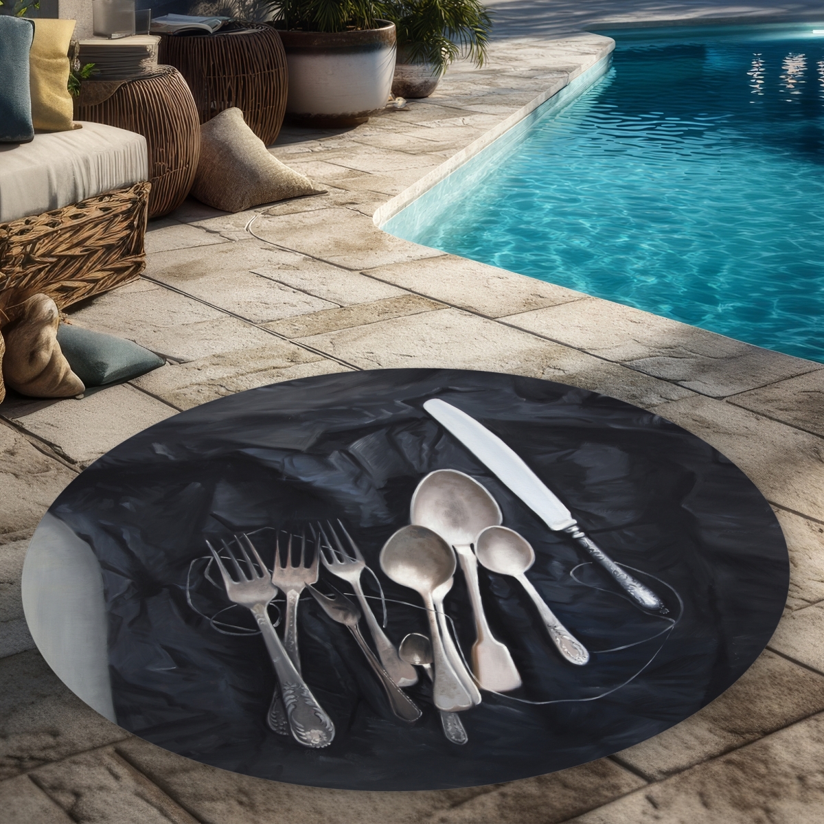 C1COAR55SXPWIS 5 x 5 ft. Vintage Cutlery Still Life Shapes Round Outdoor Area Rug