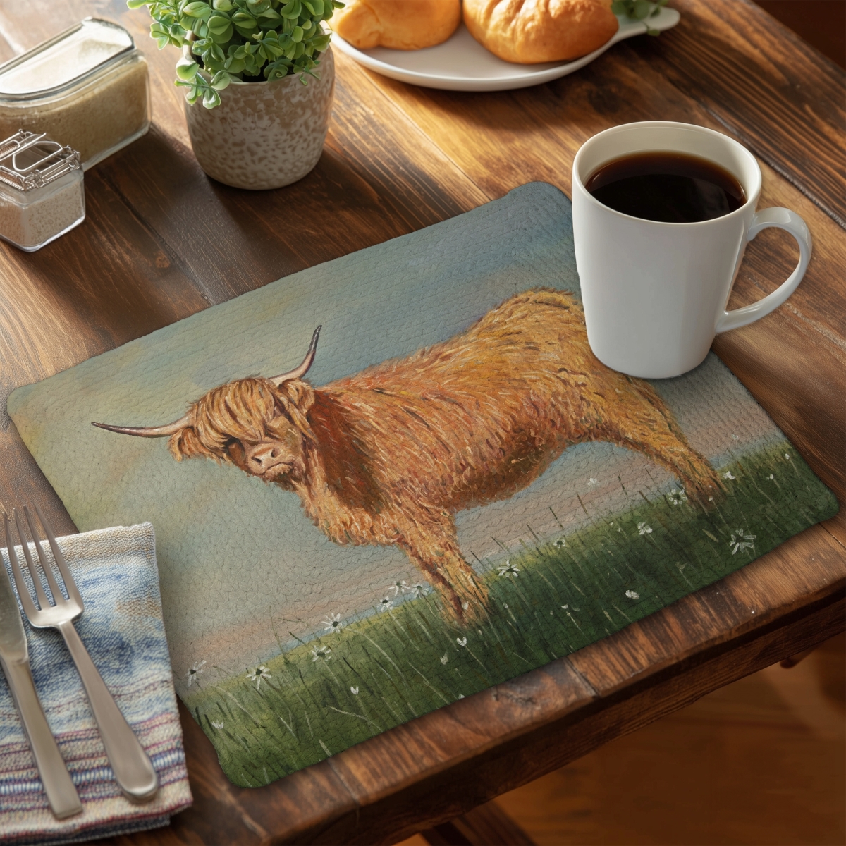 Picture of Begin Home Decor C6BP1418955M1V 14 x 18 in. Daisy the Highland Cow - Braided Polyester Placemat for Home Decor - Set of 6