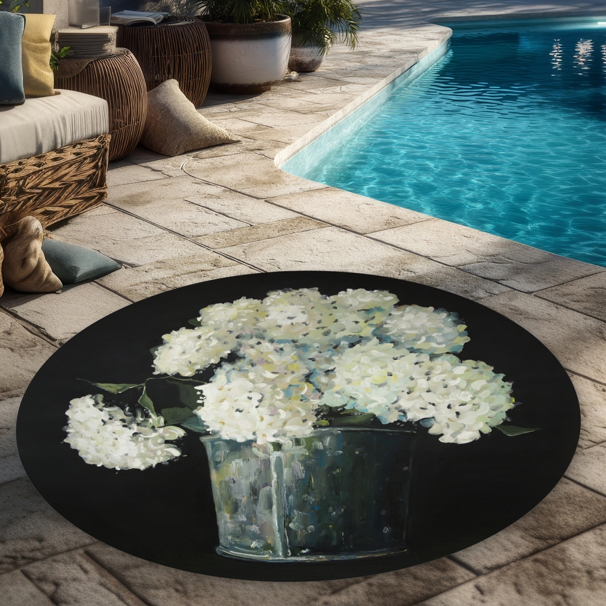 C1COAR55G691A7 5 x 5 ft. White Hydrangea Flowers - Botanical Round Outdoor Area Rug
