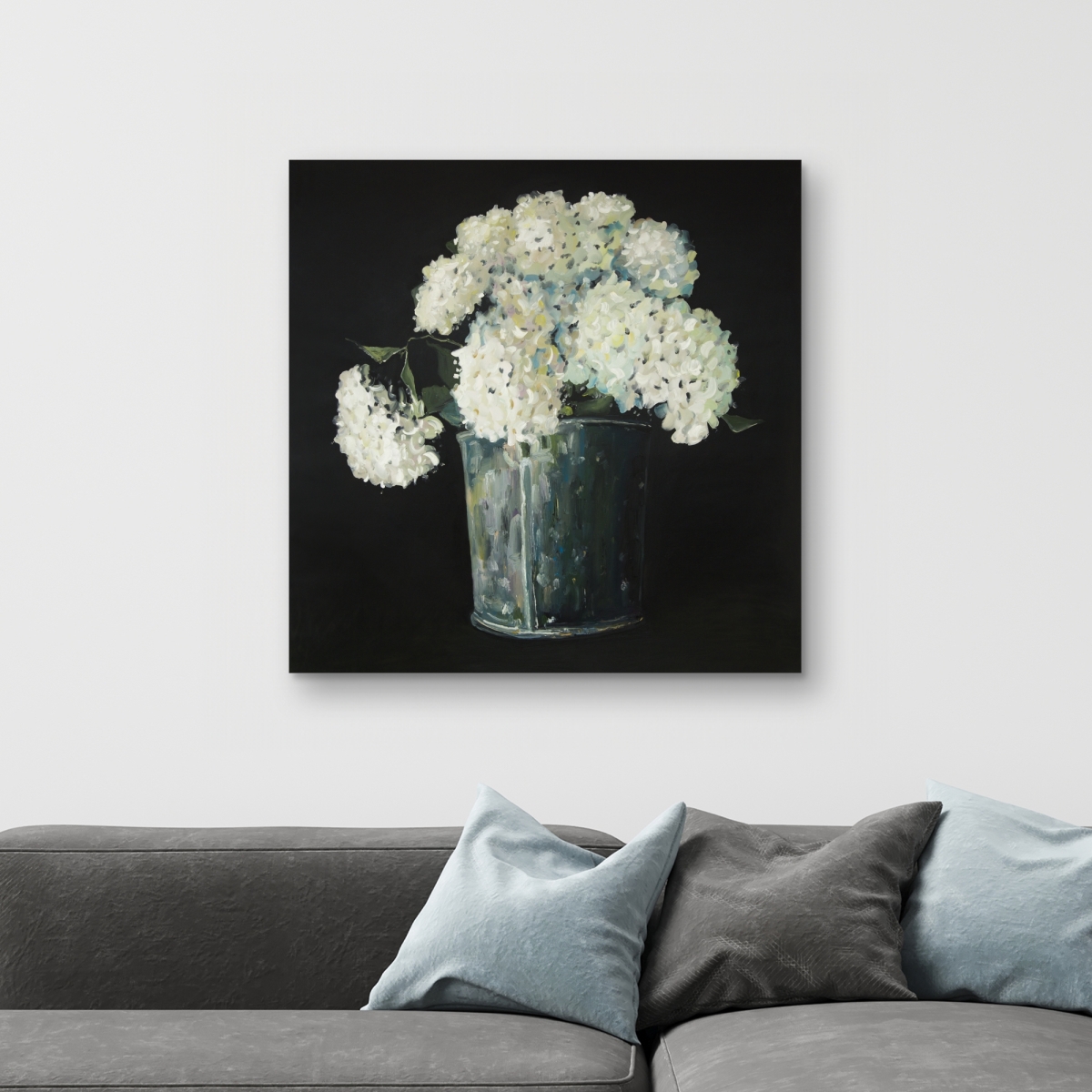 C1RC32328C4WI9 32 x 32 in. White Hydrangea Flowers - Black Canvas Home Decor Art