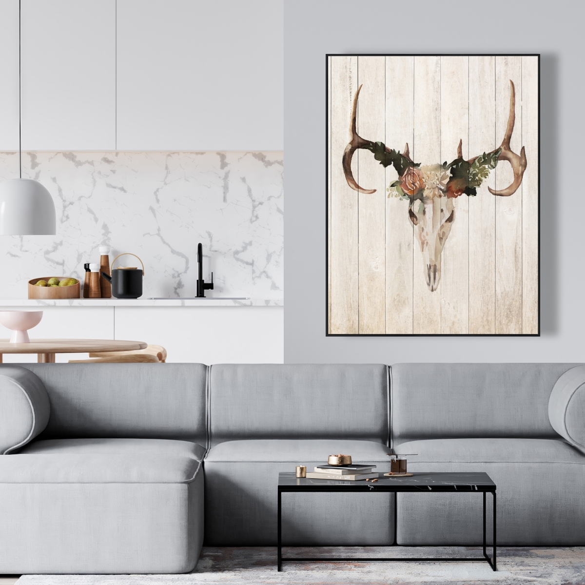 C1FC3648CH4GJW 36 x 48 in. Mule Deer Skull with Roses - Rustic Framed Canvas Decor