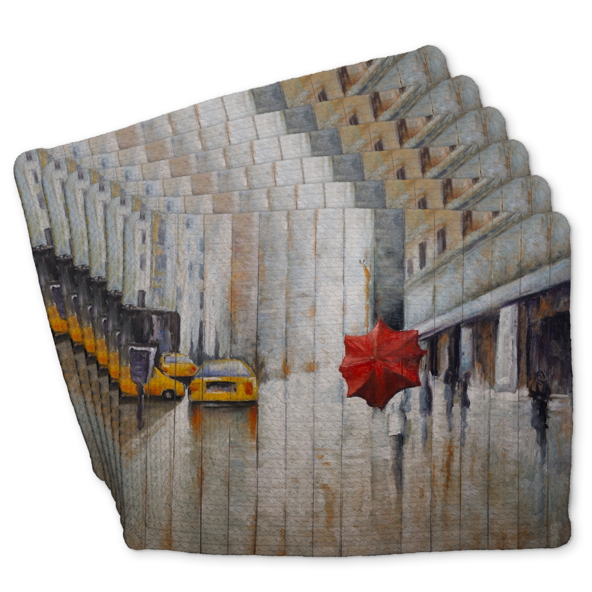 Picture of Begin Home Decor C6BP14187R0R6S 14 x 18 in. Red Umbrella in the Street - Braided Polyester Placemat - Home Decor - Set of 6