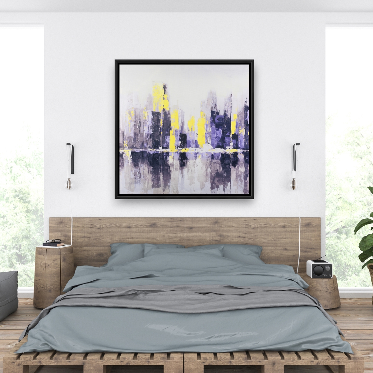 C1FC3636IIDF54 36 x 36 in. Abstract & Blurry Cityscape - Yellow Framed Canvas Art