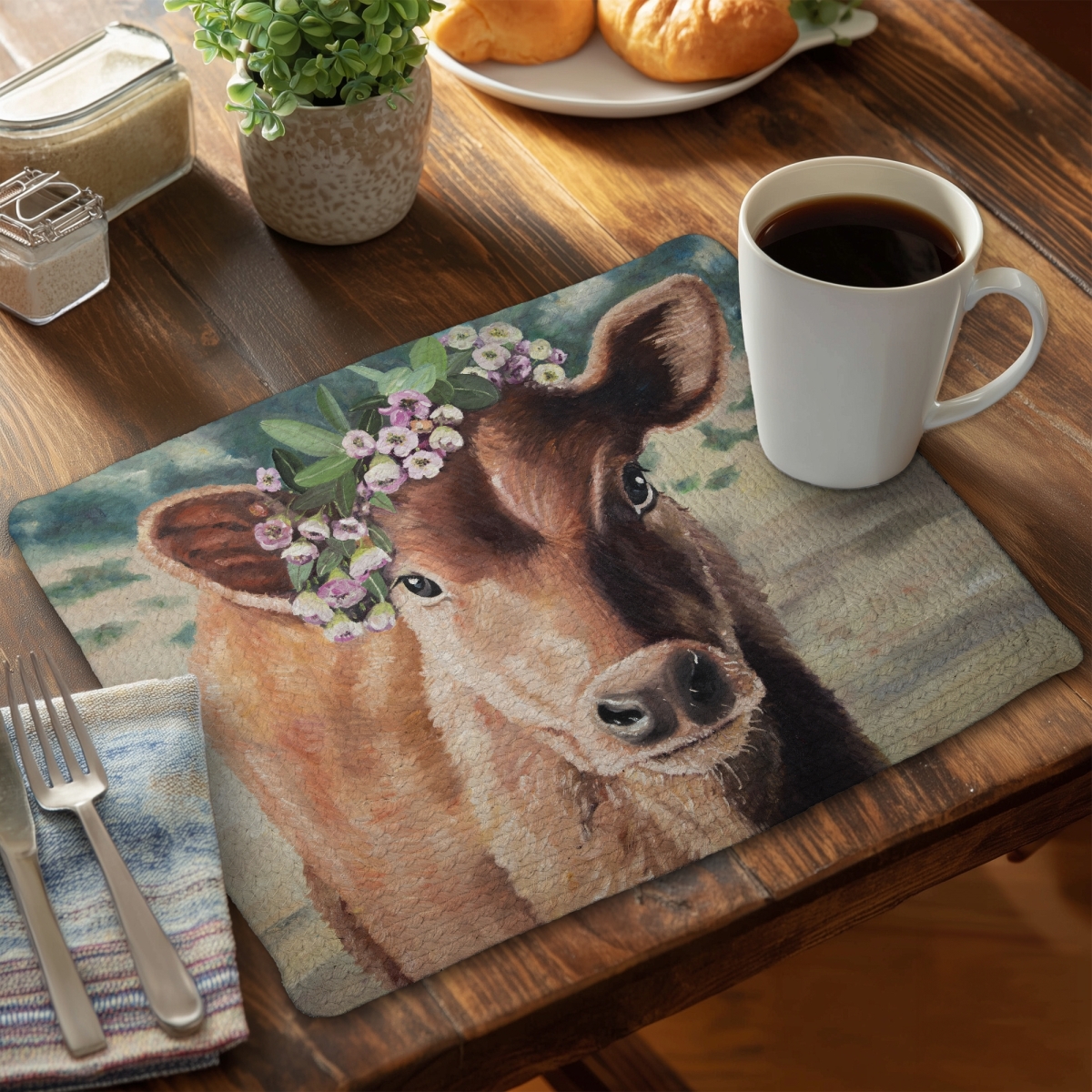 Picture of Begin Home Decor C4BP14187YRBQ4 14 x 18 in. Cute Jersey Cow Braided Polyester Placemat for Home Decor - Set of 4
