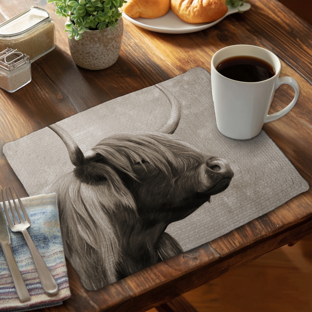 Picture of Begin Home Decor C6BP1418FNL3JU 14 x 18 in. Beautiful Highland Cattle Sepia - Braided Polyester Placemat - Set of 6