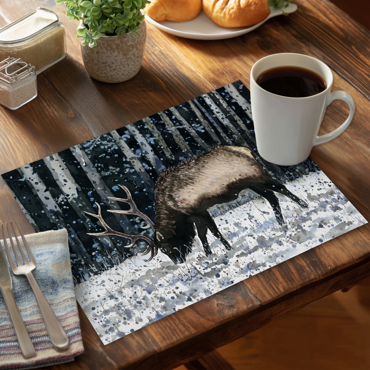 Picture of Begin Home Decor C4PP1418DSHM77 14 x 18 in. Caribou in the Winter Forest Polyester Placemat - Home Decor - Set of 4