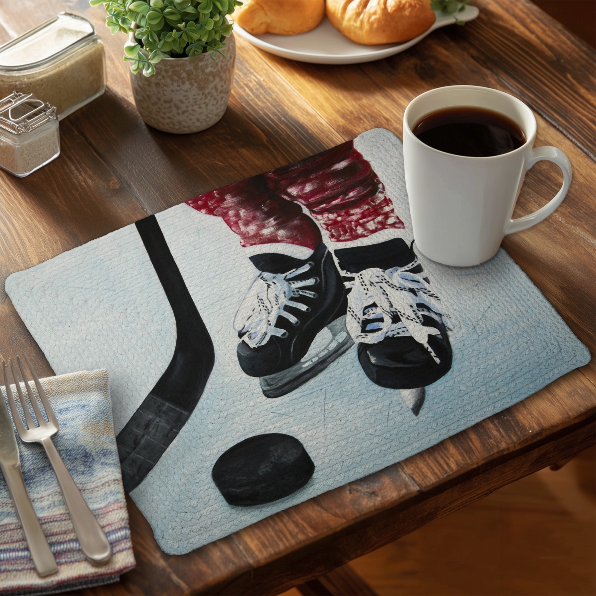 Picture of Begin Home Decor C6BP1418I8G8GJ 14 x 18 in. Young Hockey Player Braided Polyester Placemat - Home Decor - Set of 6