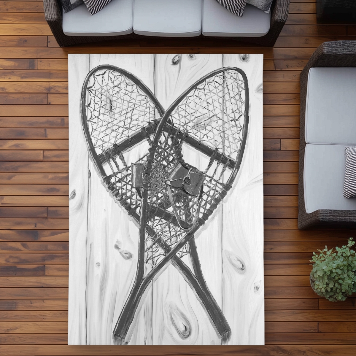 C1ROAR57KSVU3W 5 x 7 ft. Vintage Monochrome Wood Snowshoes - Gray Rustic Outdoor Rug - Rectangle