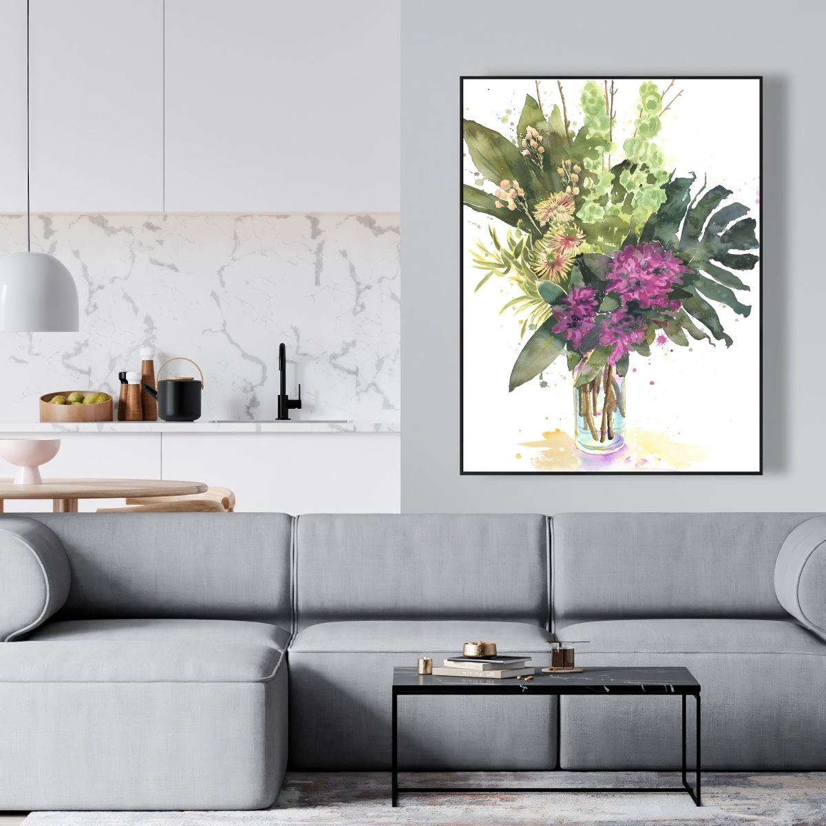 C1FC3648M2AN93 36 x 48 in. Tropical Flower Assemblage - Green Framed Canvas Home Decor