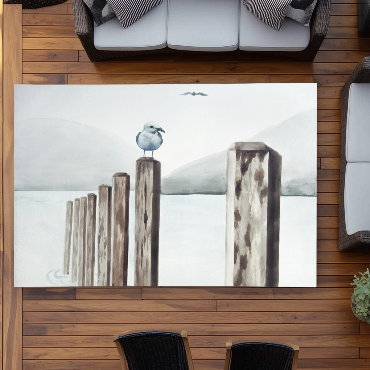 C1ROAR576LY5FC 5 x 7 ft. Seagull At the Marina - Blue Coastal Outdoor Area Rug - Rectangle
