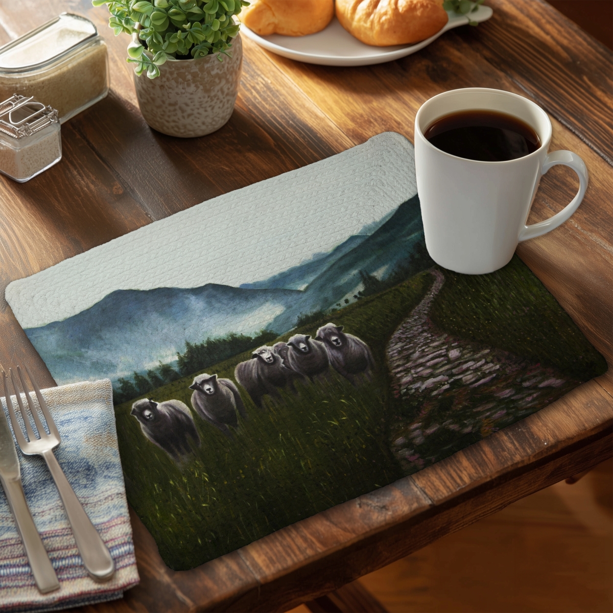 Picture of Begin Home Decor CBPM1418TUYR6J 14 x 18 in. Sheep in the Countryside Green Animals Braided Placemat Decor