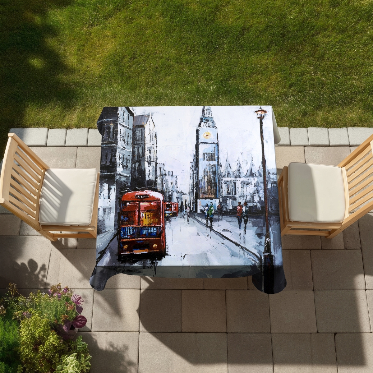 Picture of Begin Home Decor C1TC5858ULVR19 58 x 58 in. Abstract London & Red Bus Tablecloth - Indoor & Outdoor Home Decor