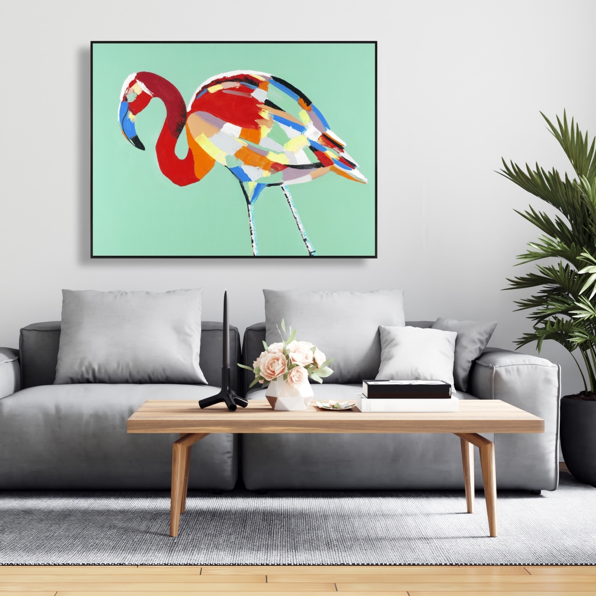 C1FC3648HPBM82 36 x 48 in. Multicolored Flamingo - Neo Mint Exotic Framed Canvas Decor
