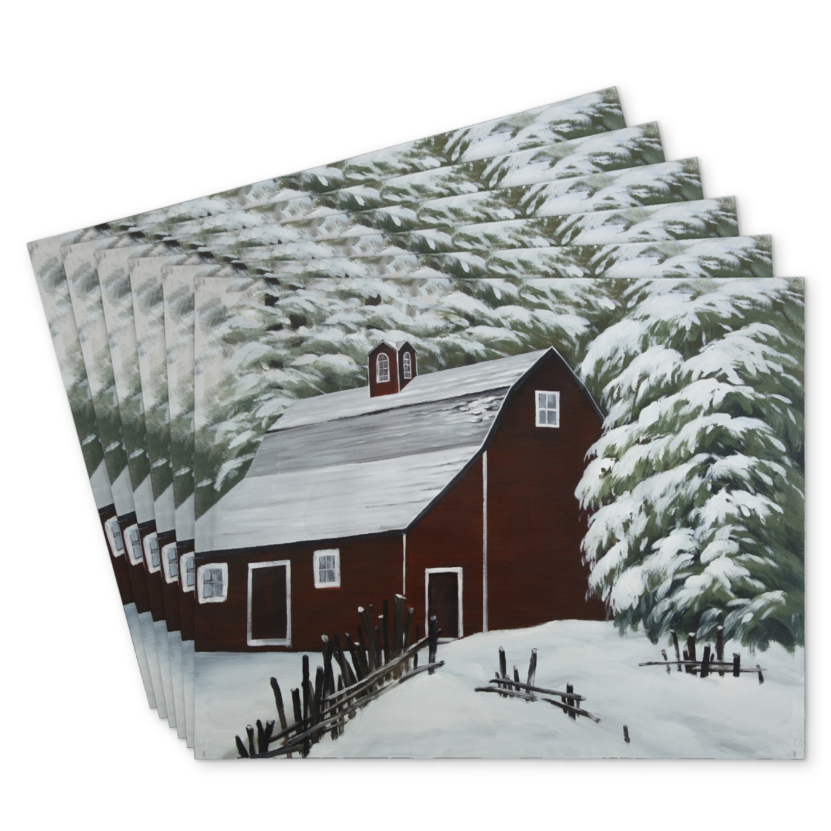 Picture of Begin Home Decor C6PP14183CE4N9 14 x 18 in. Red Barn in Snow Polyester Placemat - Home Decor Accent - Set of 6
