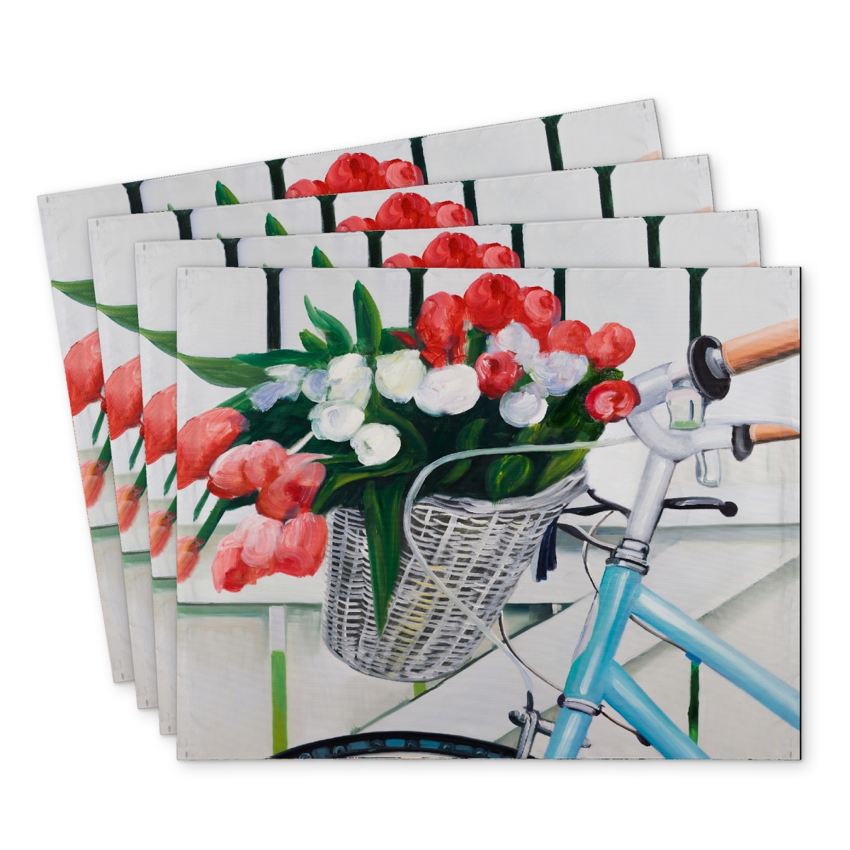 Picture of Begin Home Decor C4PP1418H8DWN1 14 x 18 in. Bicycle with Tulips Flowers in Basket Polyester Placemat - Home Decor - Set of 4
