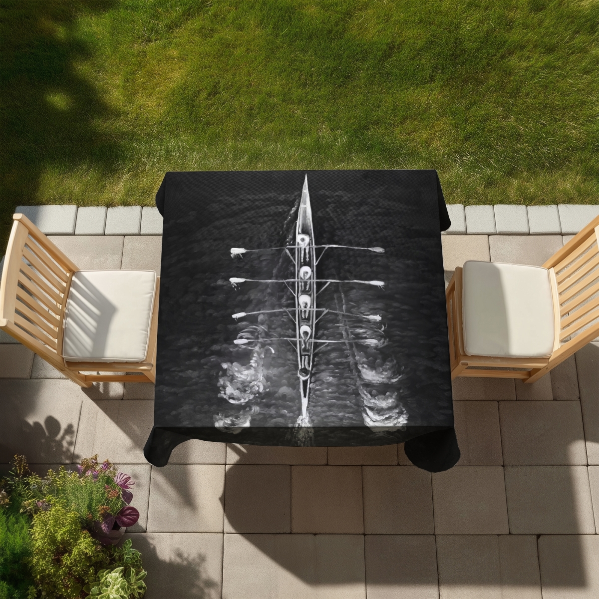 Picture of Begin Home Decor C1TC5858L89B3Y 58 x 58 in. Monochrome Rowing Boat Tablecloth - Indoor & Outdoor Decor