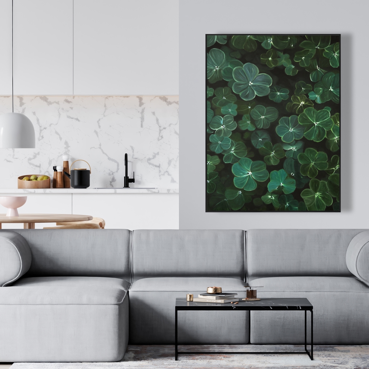 C1FC36480H4EOT 36 x 48 in. Clovers - Leaves Floral Botanical Framed Canvas for Home Decor