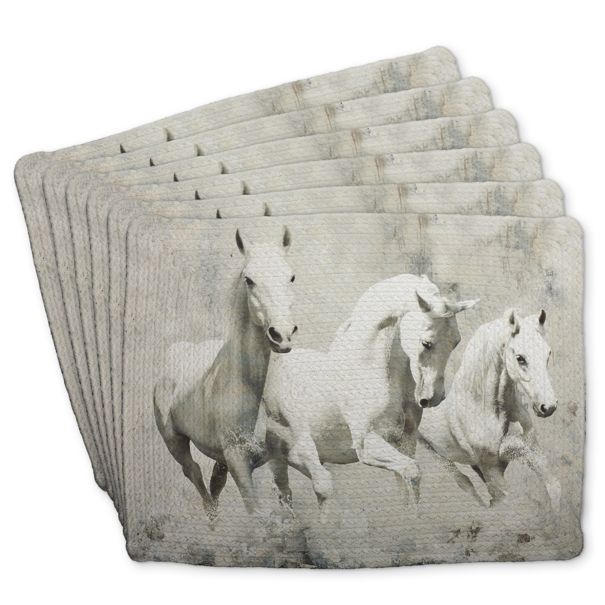 Picture of Begin Home Decor C6BP141800BB3J 14 x 18 in. Three White Horses Running Braided Polyester Placemat - Home Decor - Set of 6