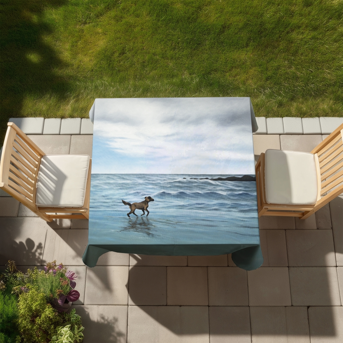Picture of Begin Home Decor C1TC5858G9AYBG 58 x 58 in. Blue Pets Marine Tablecloth - Dog on the Beach Home Decor