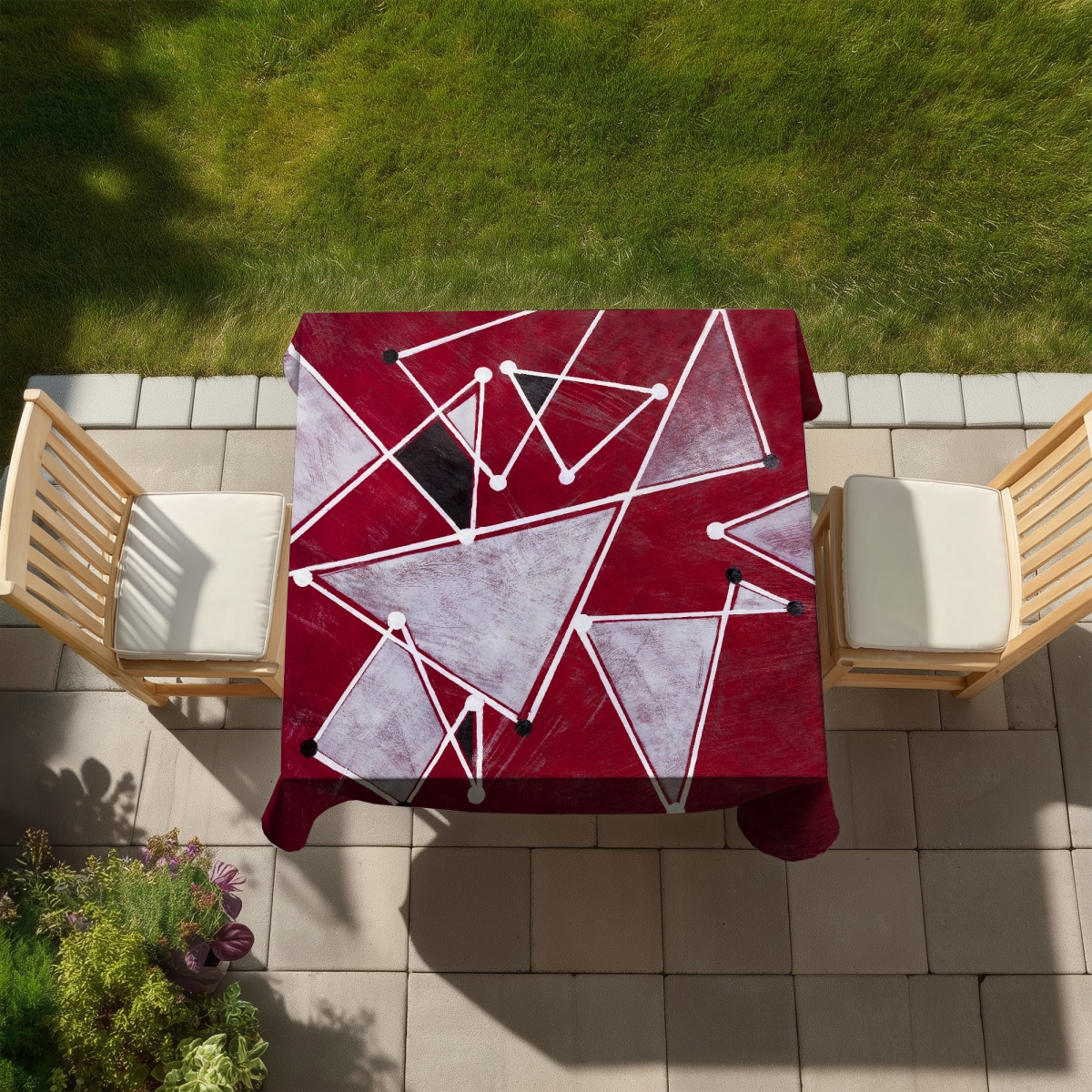 Picture of Begin Home Decor C1TC5858KR4RUV 58 x 58 in. White Triangles on Red Background Tablecloth - Abstract Shapes Decor