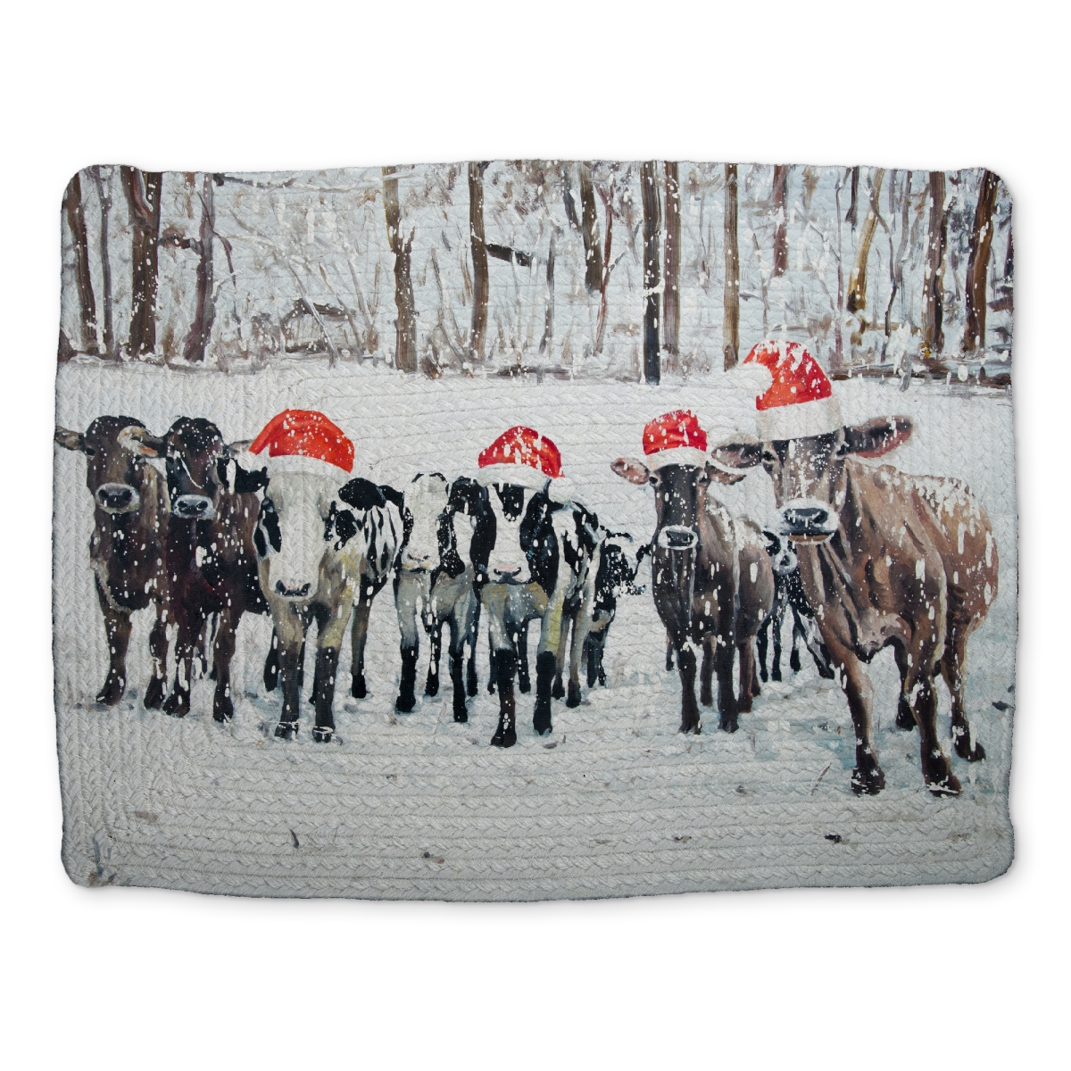 Picture of Begin Home Decor CBPM1418AL4LVI 14 x 18 in. Rustic White Braided Placemat - Curious Christmas Cows Decor