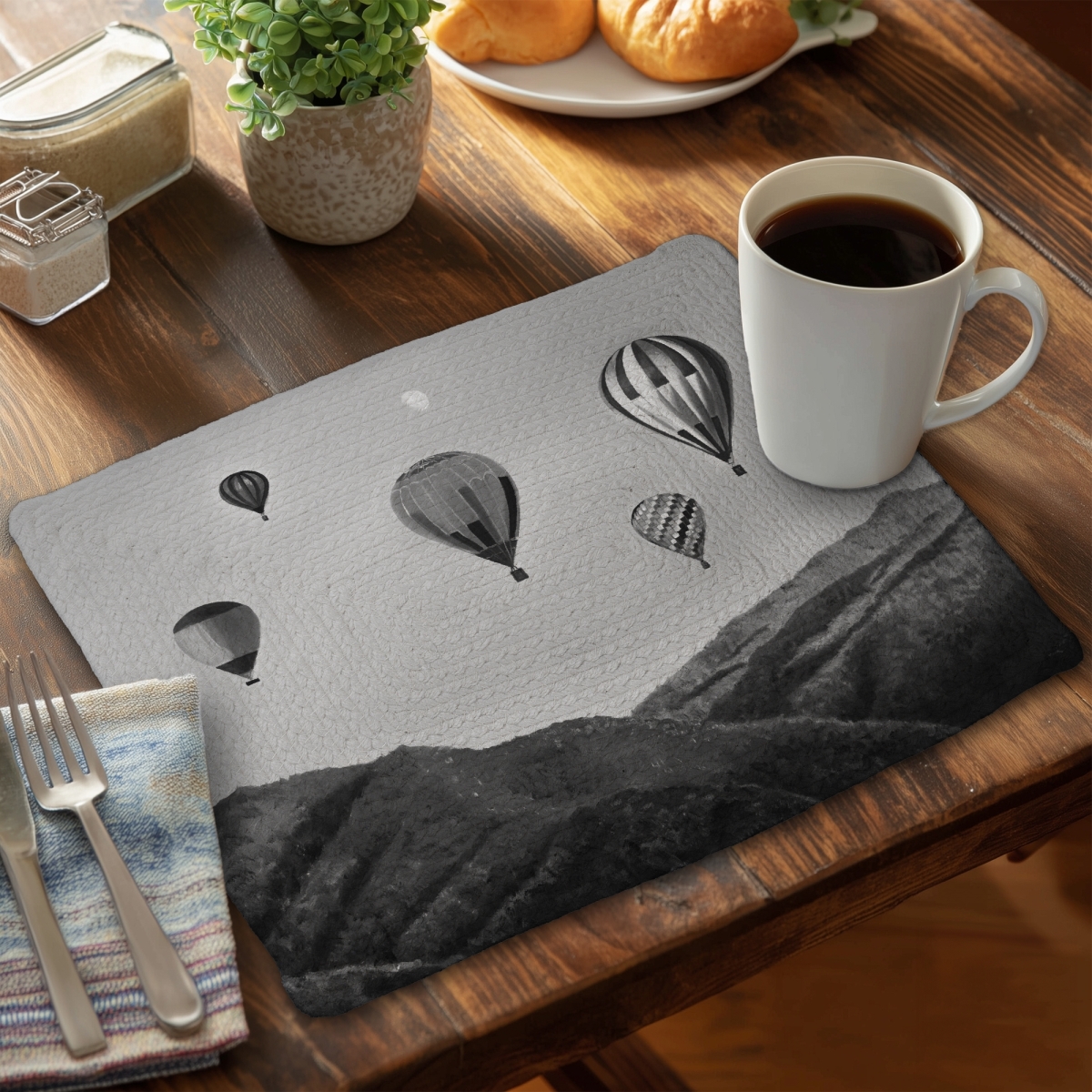 Picture of Begin Home Decor CBPM14185KQ2NA 14 x 18 in. Air Balloon Landscape Monochrome Placemat - Braided Polyester