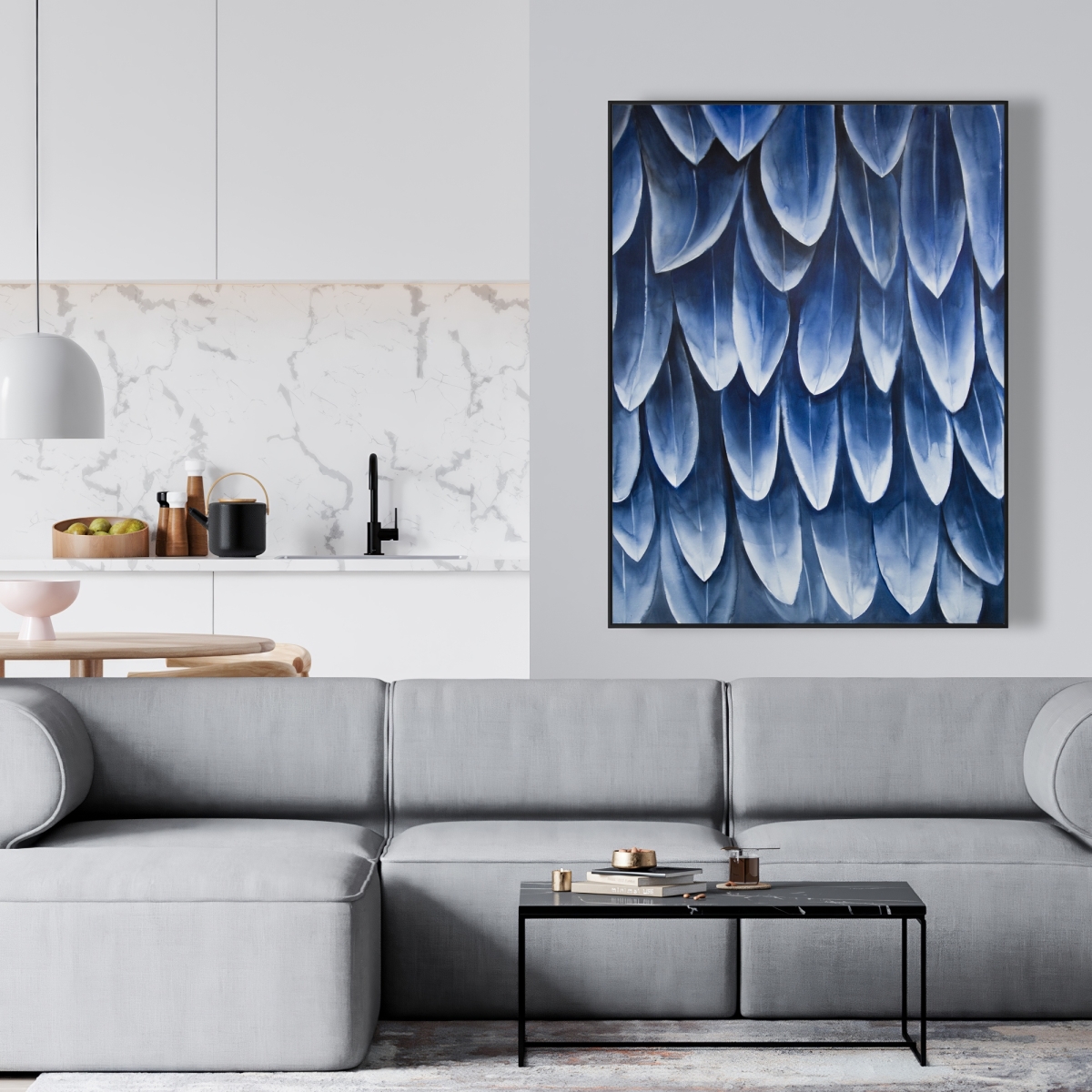 C1FC36480A845M 36 x 48 in. Plumage Blue - Feathers Bohemian Framed Canvas Home Decor