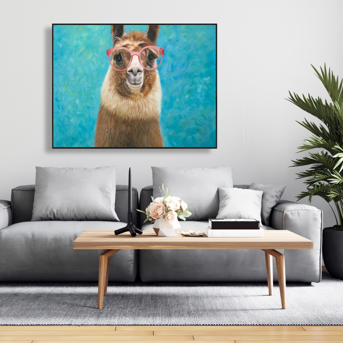 C1FC3648MMMOH6 36 x 48 in. Lovable Llama - Retro Turquoise Framed Canvas Home Decor