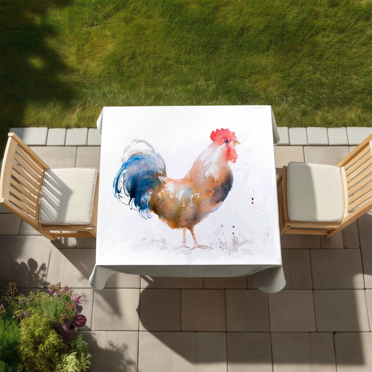 Picture of Begin Home Decor C1TC5858XOF9LP 58 x 58 in. Rooster Watercolor Style Tablecloth - Farmhouse Decor - Indoor Outdoor