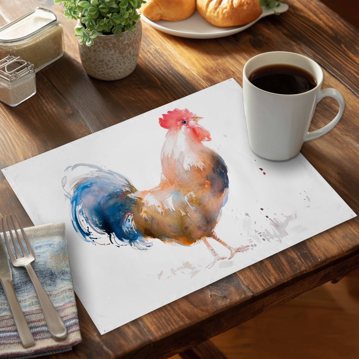 Picture of Begin Home Decor C6PP1418Y1JSJ1 14 x 18 in. Rooster Watercolor Style Polyester Placemat - Home Decor - Set of 6