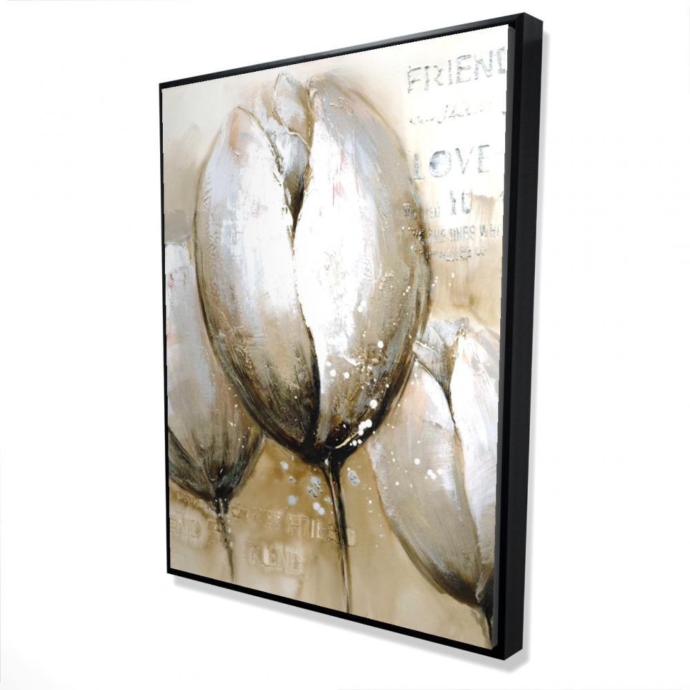 2081-4836-FL46 36 x 48 in. Three Tulips with Typography - Botanical Beige Framed Canvas