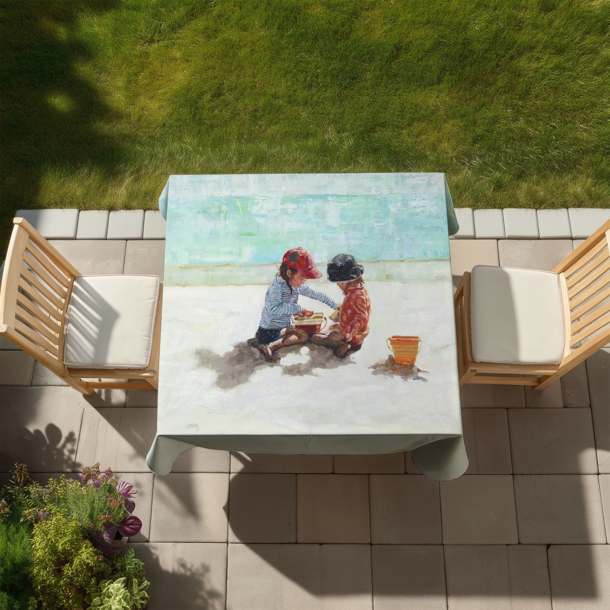 Picture of Begin Home Decor C1TC5858NEIIVB 58 x 58 in. Coastal Sea Tablecloth - Little Girls Beach Scene - Home Decor