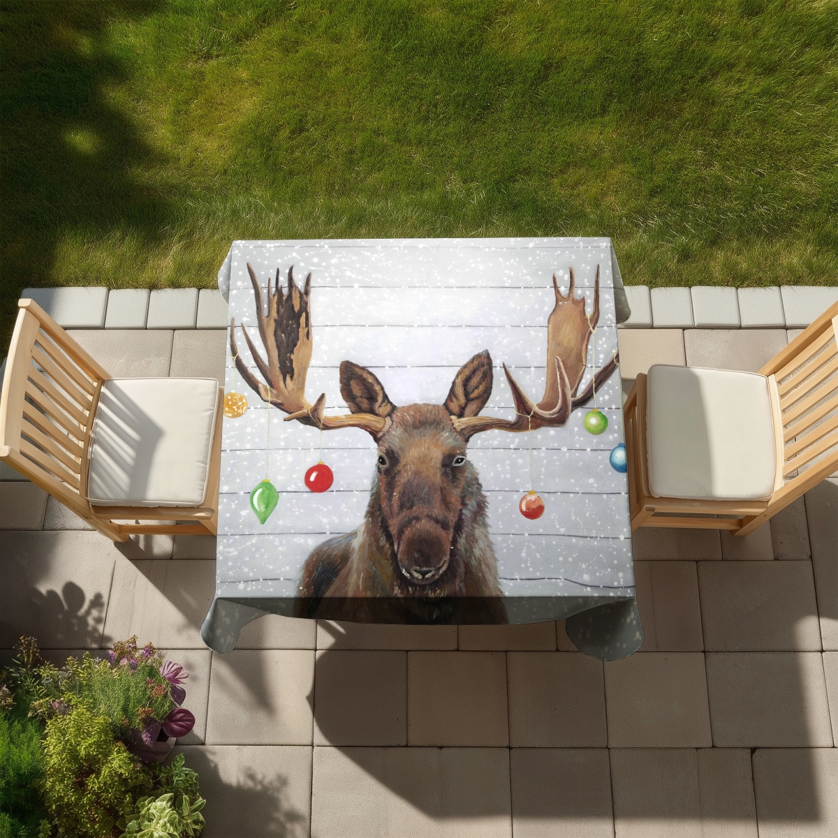 Picture of Begin Home Decor C1TC585841K2D4 58 x 58 in. Rustic Brown Deer Tablecloth - Moose with Christmas Balls Decor