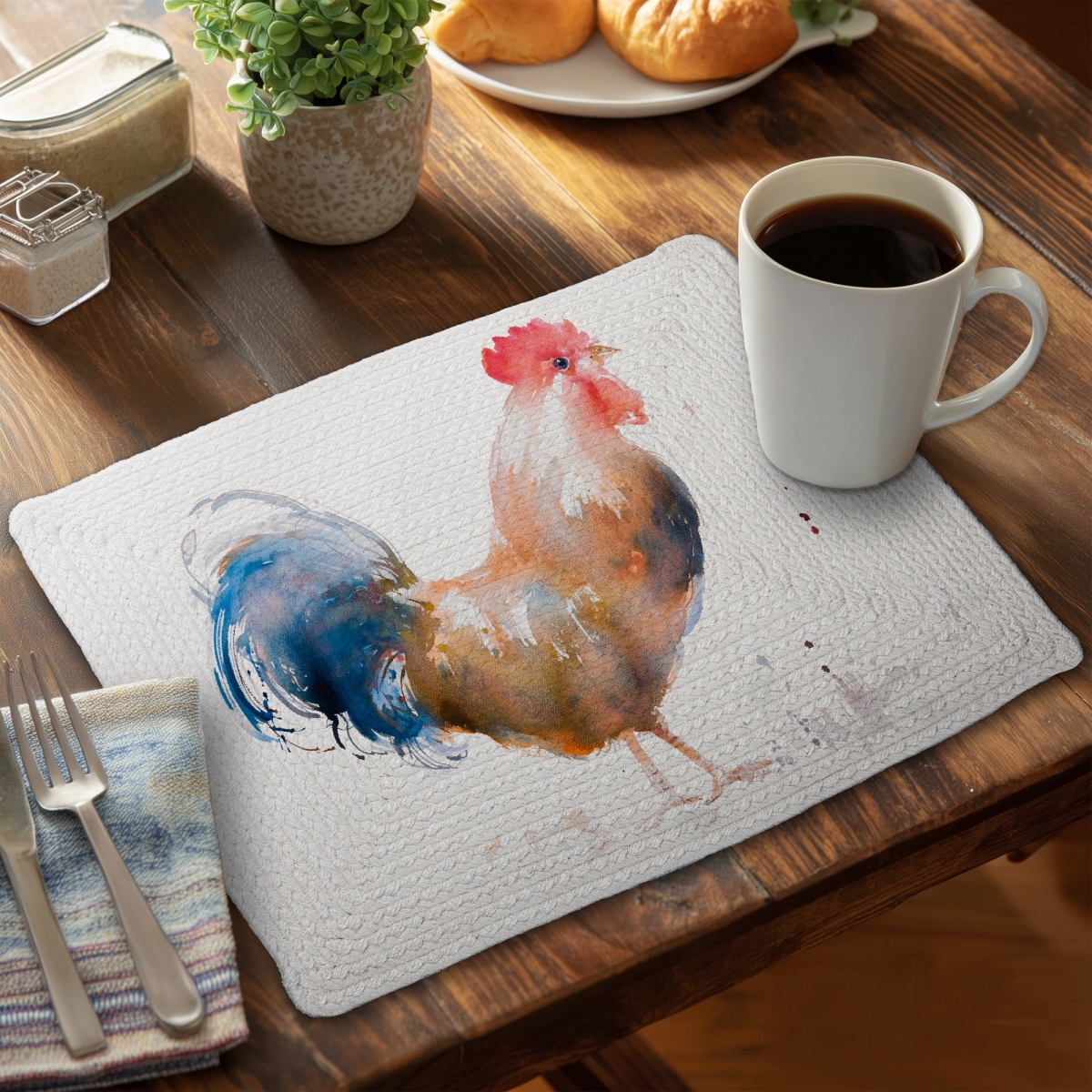 Picture of Begin Home Decor C6BP1418ECRQPN 14 x 18 in. Rooster Watercolor Style Braided Polyester Placemat - Home Decor - Set of 6