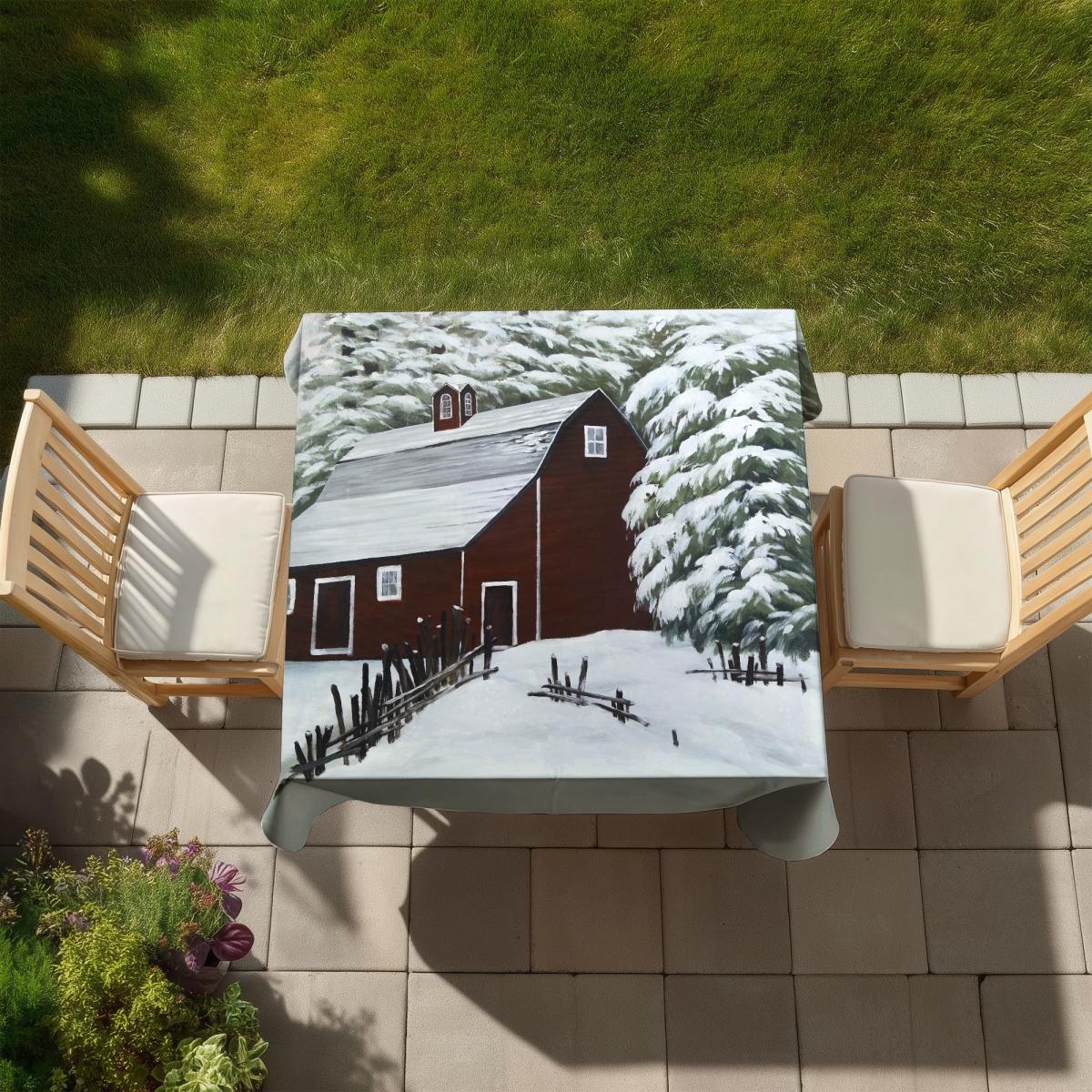 Picture of Begin Home Decor C1TC5858VOTFMU 58 x 58 in. Rustic White Tablecloth - Red Barn in Snow - Indoor & Outdoor Decor