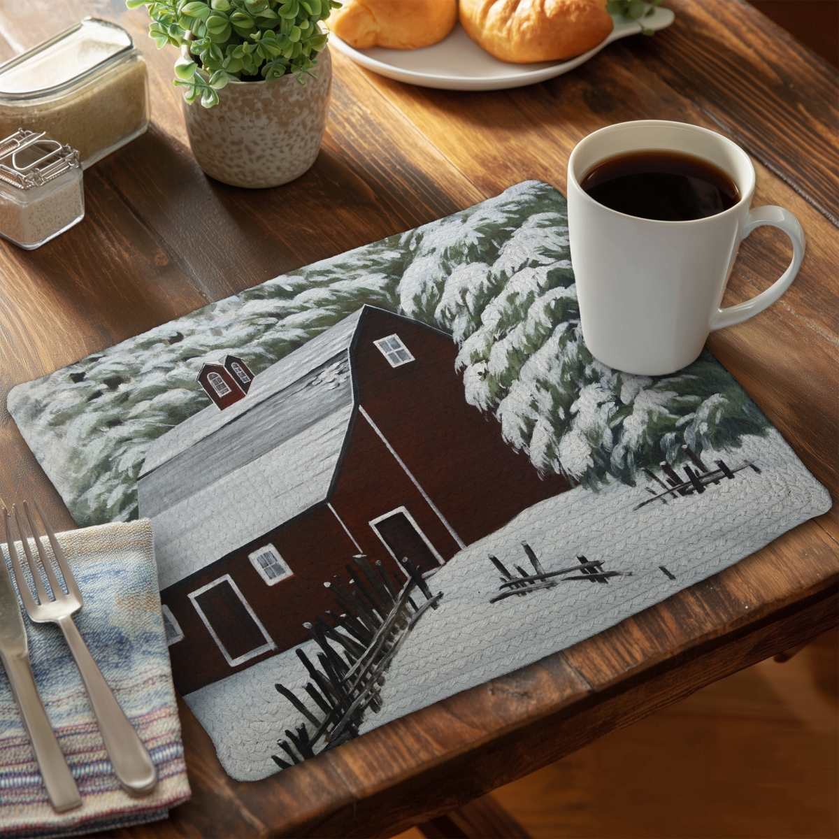 Picture of Begin Home Decor C6BP1418E9GEXM 14 x 18 in. Red Barn in Snow Braided Polyester Placemat - Home Decor - Set of 6
