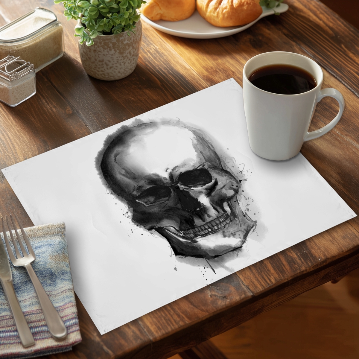 Picture of Begin Home Decor C4PP14189PBR8T 14 x 18 in. Watercolor Dark Skull Polyester Placemat - Home Decor Accessory - Set of 4