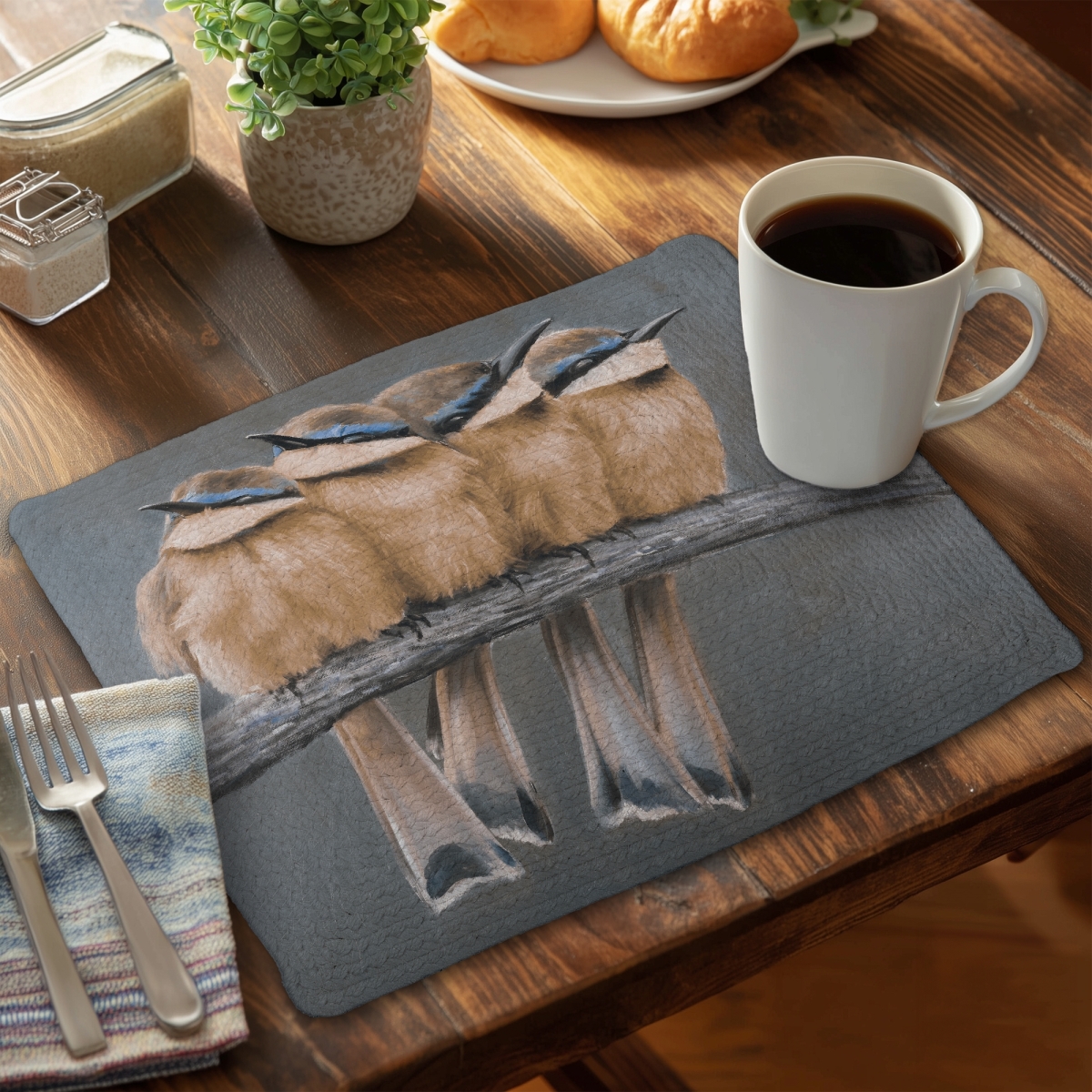 Picture of Begin Home Decor C6BP14189WXIWB 14 x 18 in. Four Birds on a Branch Braided Polyester Placemats for Home Decor - Set of 6